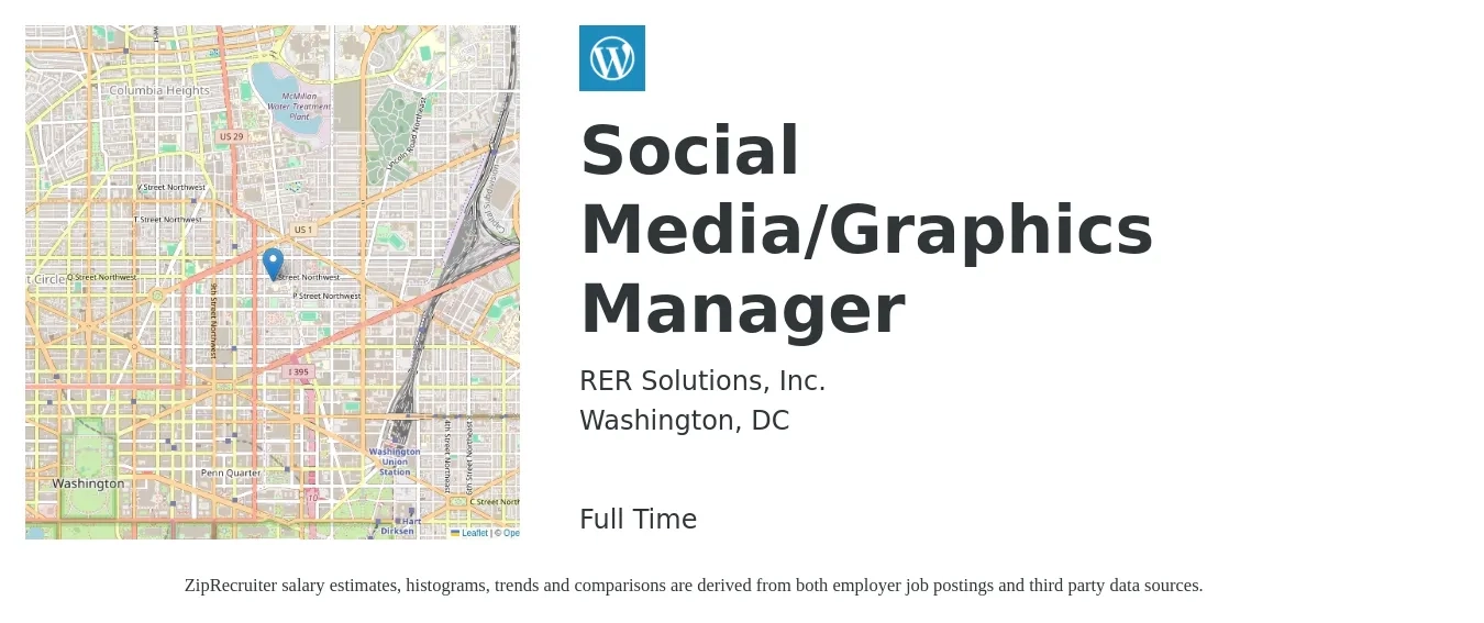 RER Solutions, Inc. job posting for a Social Media/Graphics Manager in Washington, DC with a salary of $24 to $49 Hourly with a map of Washington location.