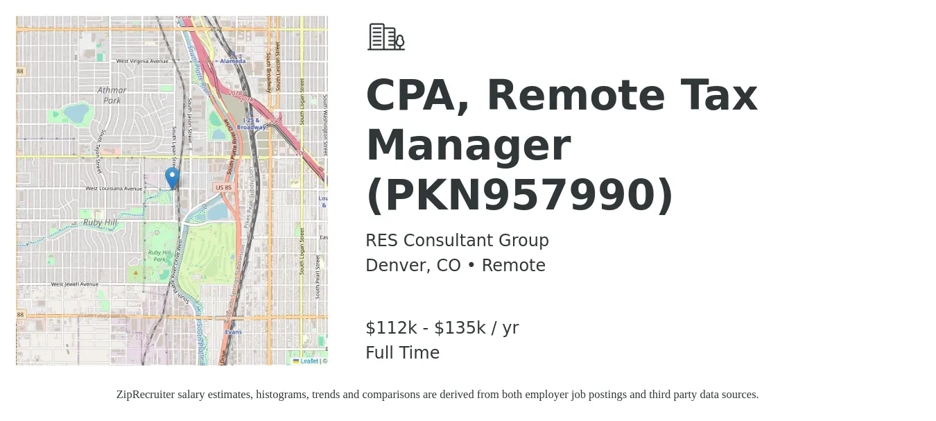 RES Consultant Group job posting for a CPA, Remote Tax Manager (PKN957990) in Denver, CO with a salary of $112,000 to $135,000 Yearly with a map of Denver location.