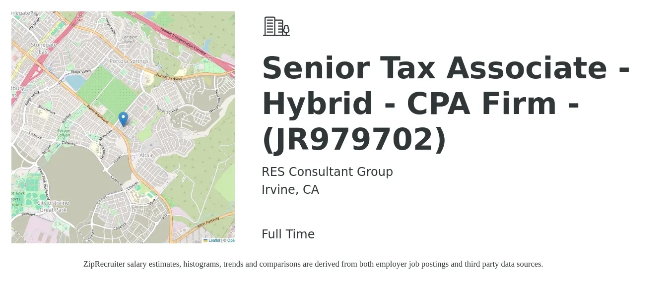 RES Consultant Group job posting for a Senior Tax Associate - Hybrid - CPA Firm - (JR979702) in Irvine, CA with a salary of $87,500 to $108,400 Yearly with a map of Irvine location.