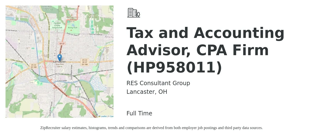 RES Consultant Group job posting for a Tax and Accounting Advisor, CPA Firm (HP958011) in Lancaster, OH with a salary of $59,800 to $85,800 Yearly with a map of Lancaster location.
