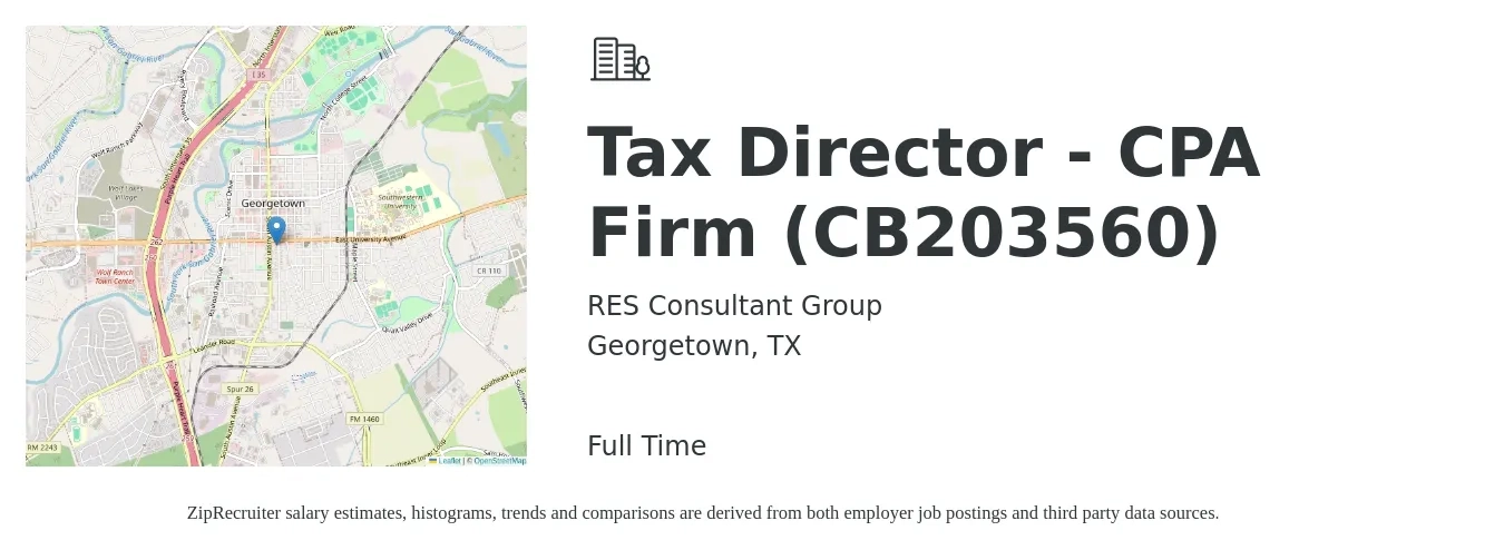 RES Consultant Group job posting for a Tax Director - CPA Firm (CB203560) in Georgetown, TX with a salary of $146,300 to $205,800 Yearly with a map of Georgetown location.