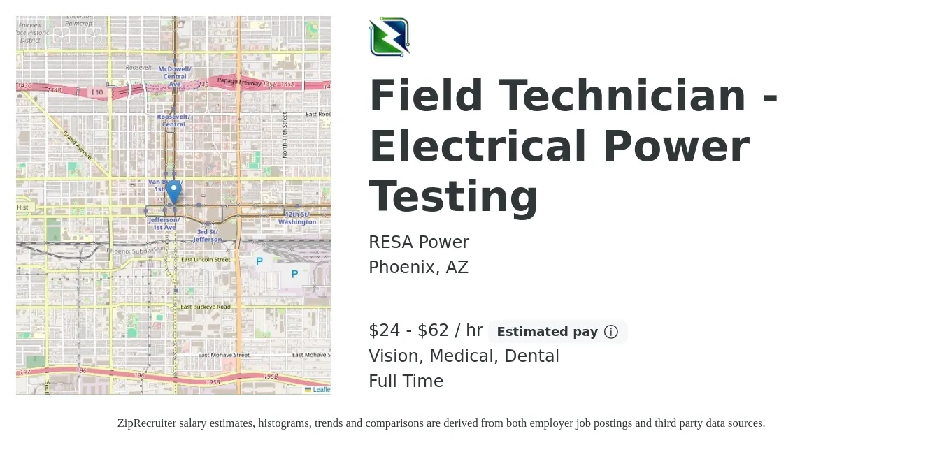 RESA Power job posting for a Field Technician - Electrical Power Testing in Phoenix, AZ with a salary of $25 to $65 Hourly and benefits including dental, life_insurance, medical, retirement, and vision with a map of Phoenix location.
