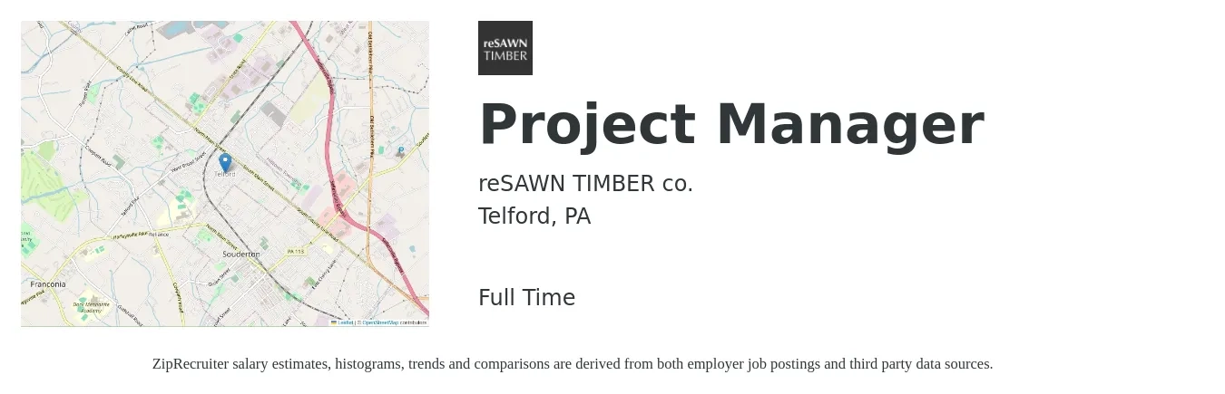 reSAWN TIMBER co. job posting for a Project Manager in Telford, PA with a salary of $38 to $41 Hourly with a map of Telford location.