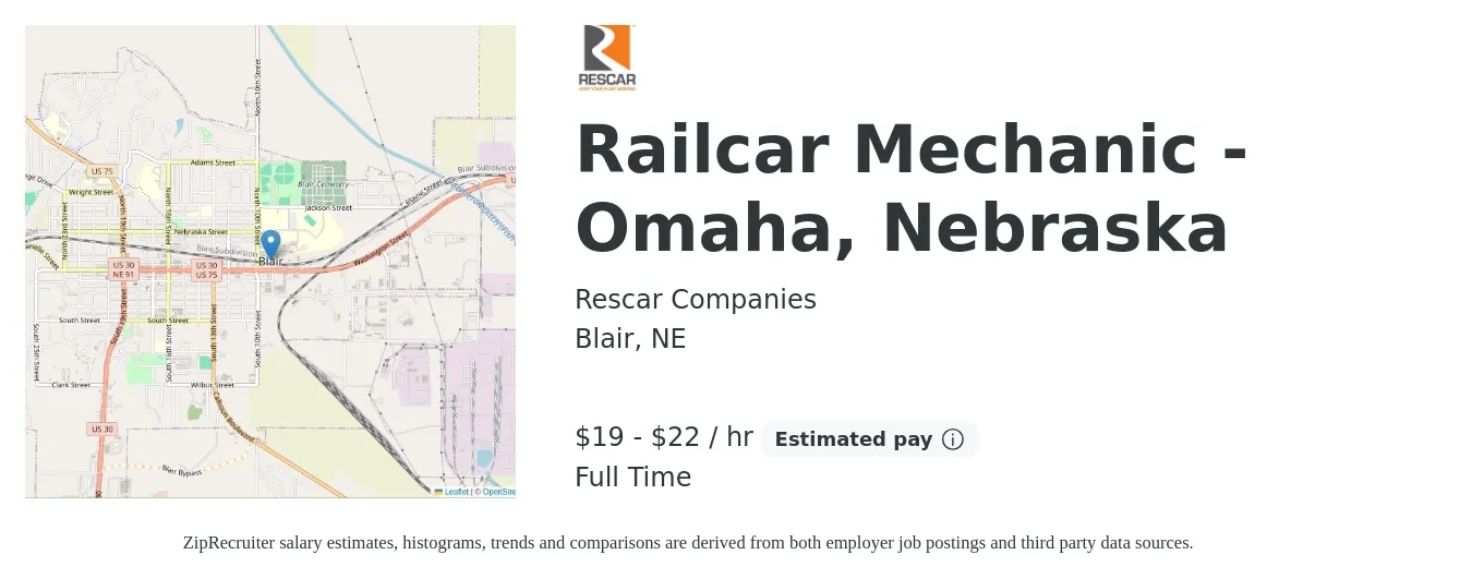 Rescar Companies job posting for a Railcar Mechanic - Omaha, Nebraska in Blair, NE with a salary of $20 to $23 Hourly with a map of Blair location.