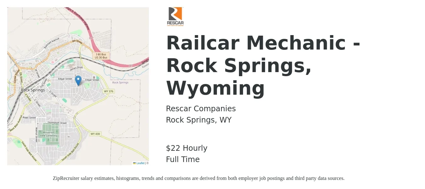 Rescar Companies job posting for a Railcar Mechanic - Rock Springs, Wyoming in Rock Springs, WY with a salary of $23 Hourly with a map of Rock Springs location.