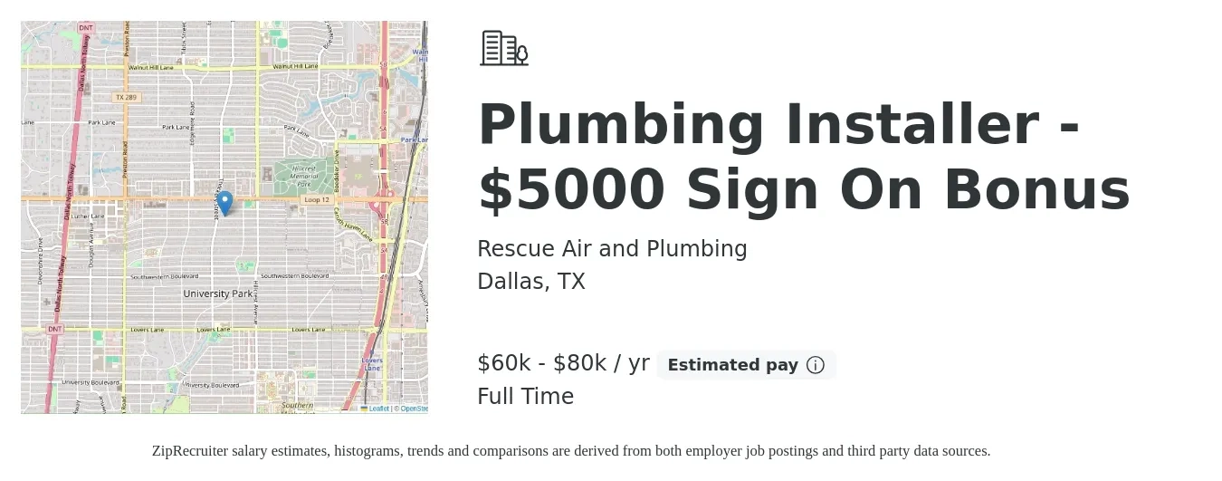 Rescue Air and Plumbing job posting for a Plumbing Installer - $5000 Sign On Bonus in Dallas, TX with a salary of $60,000 to $80,000 Yearly with a map of Dallas location.