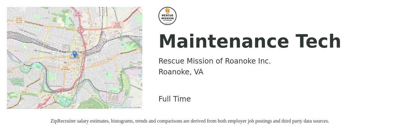 Rescue Mission of Roanoke Inc. job posting for a Maintenance Tech in Roanoke, VA with a salary of $17 Hourly with a map of Roanoke location.