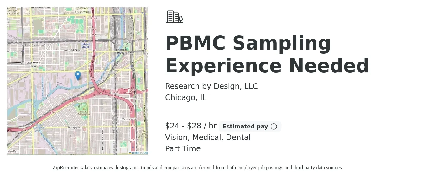 Research by Design, LLC job posting for a PBMC Sampling Experience Needed in Chicago, IL with a salary of $25 to $30 Hourly and benefits including dental, medical, retirement, and vision with a map of Chicago location.