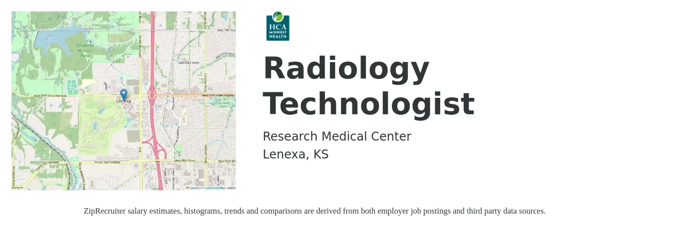 Research Medical Center job posting for a Radiology Technologist in Lenexa, KS with a salary of $1,130 to $2,340 Weekly with a map of Lenexa location.