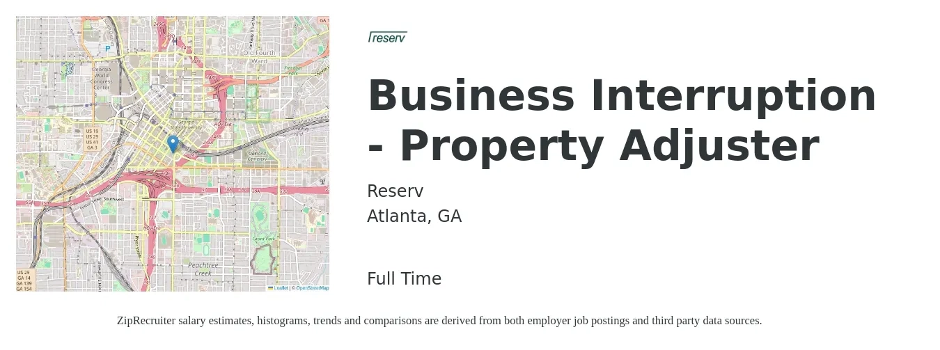 Reserv job posting for a Business Interruption - Property Adjuster in Atlanta, GA with a salary of $55,300 to $83,200 Yearly with a map of Atlanta location.