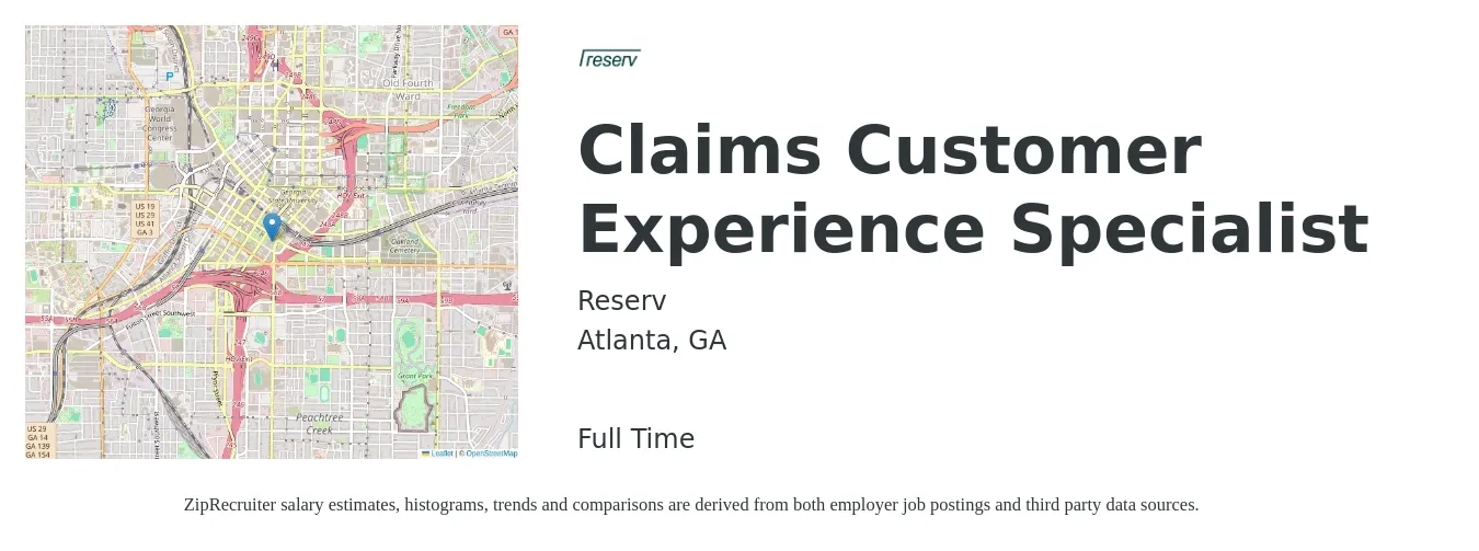 Reserv job posting for a Claims Customer Experience Specialist in Atlanta, GA with a salary of $18 to $26 Hourly with a map of Atlanta location.