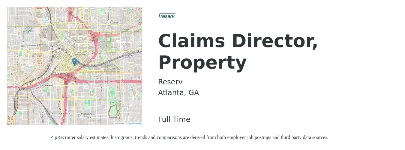 Reserv job posting for a Claims Director, Property in Atlanta, GA with a salary of $101,500 to $135,600 Yearly with a map of Atlanta location.