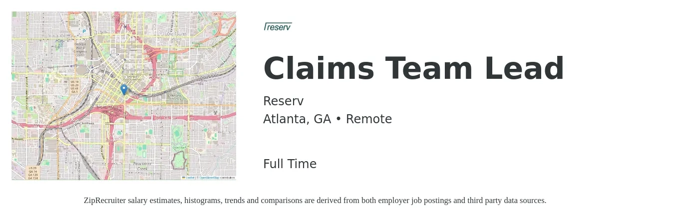 Reserv job posting for a Claims Team Lead in Atlanta, GA with a salary of $65,400 to $101,000 Yearly with a map of Atlanta location.