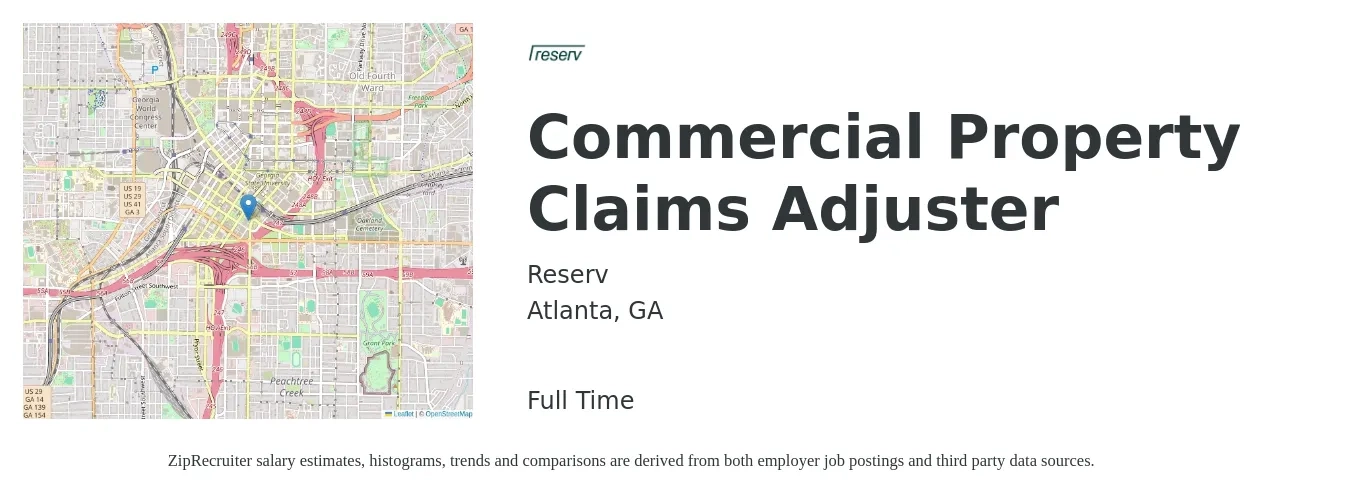 Reserv job posting for a Commercial Property Claims Adjuster in Atlanta, GA with a salary of $55,300 to $83,200 Yearly with a map of Atlanta location.