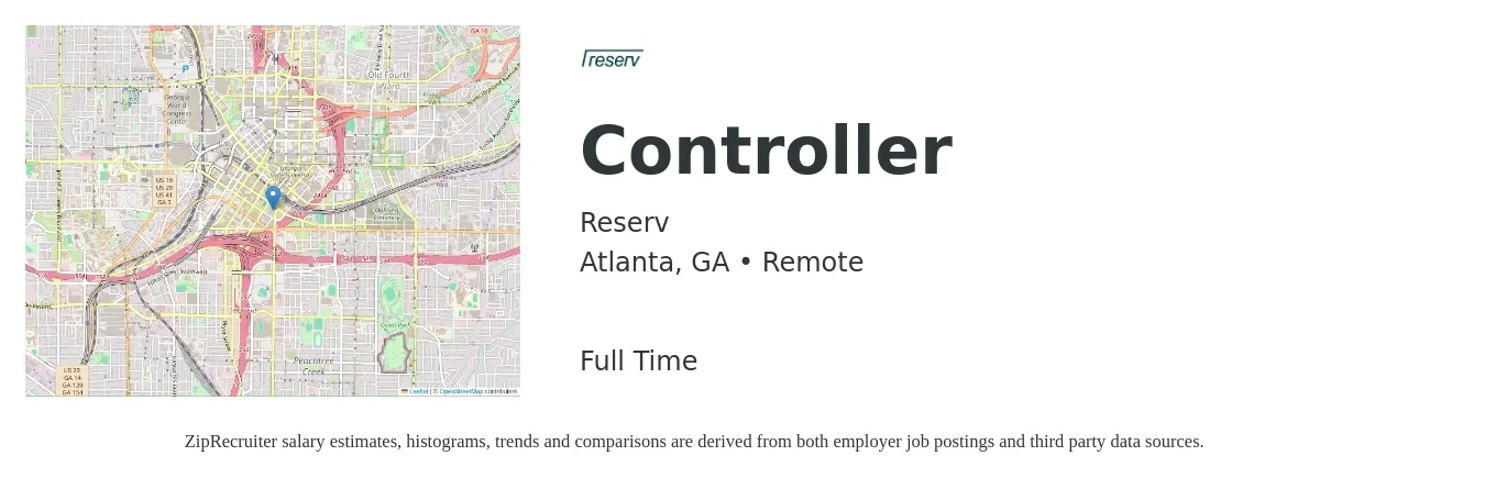 Reserv job posting for a Controller in Atlanta, GA with a salary of $93,300 to $133,200 Yearly with a map of Atlanta location.