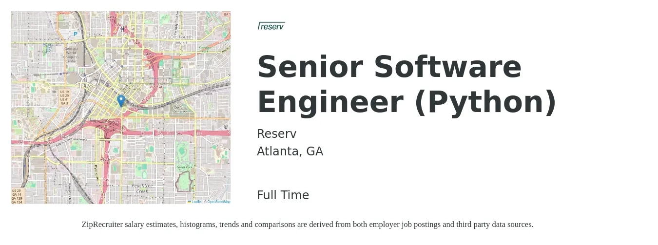 Reserv job posting for a Senior Software Engineer (Python) in Atlanta, GA with a salary of $117,800 to $155,300 Yearly with a map of Atlanta location.