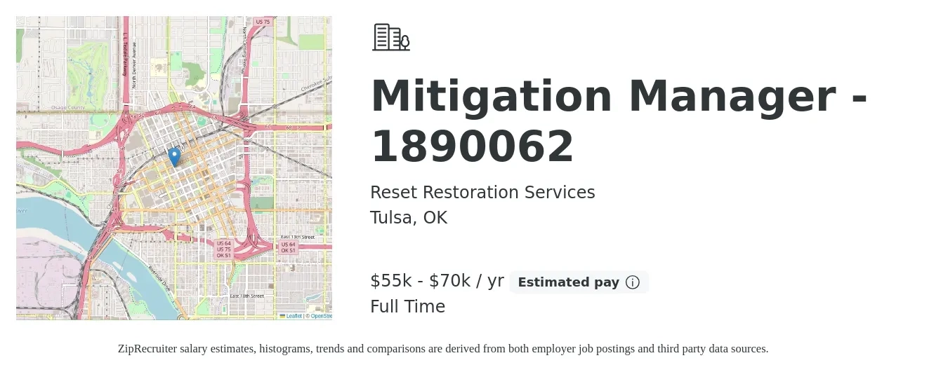 Reset Restoration Services job posting for a Mitigation Manager - 1890062 in Tulsa, OK with a salary of $55,000 to $70,000 Yearly with a map of Tulsa location.