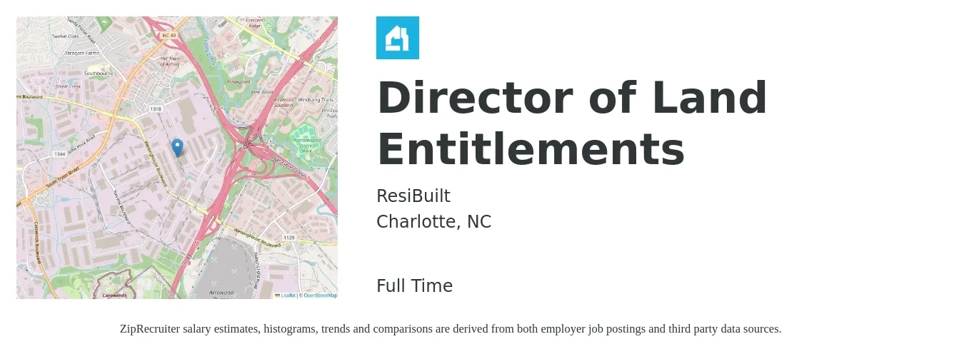 ResiBuilt job posting for a Director of Land Entitlements in Charlotte, NC with a salary of $71,300 to $115,300 Yearly with a map of Charlotte location.