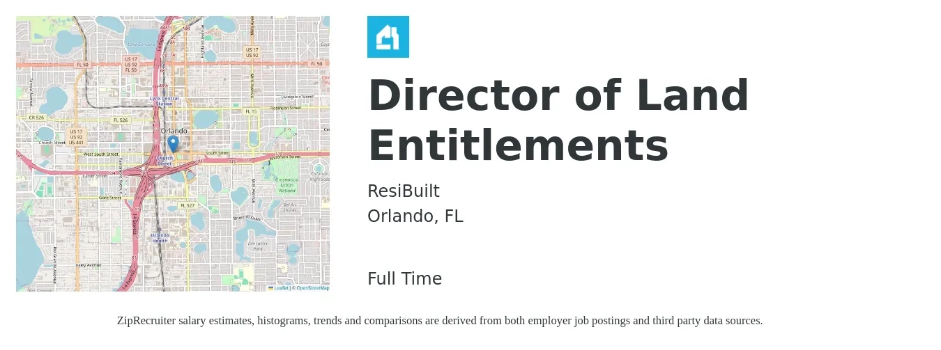 ResiBuilt job posting for a Director of Land Entitlements in Orlando, FL with a salary of $68,100 to $110,200 Yearly with a map of Orlando location.