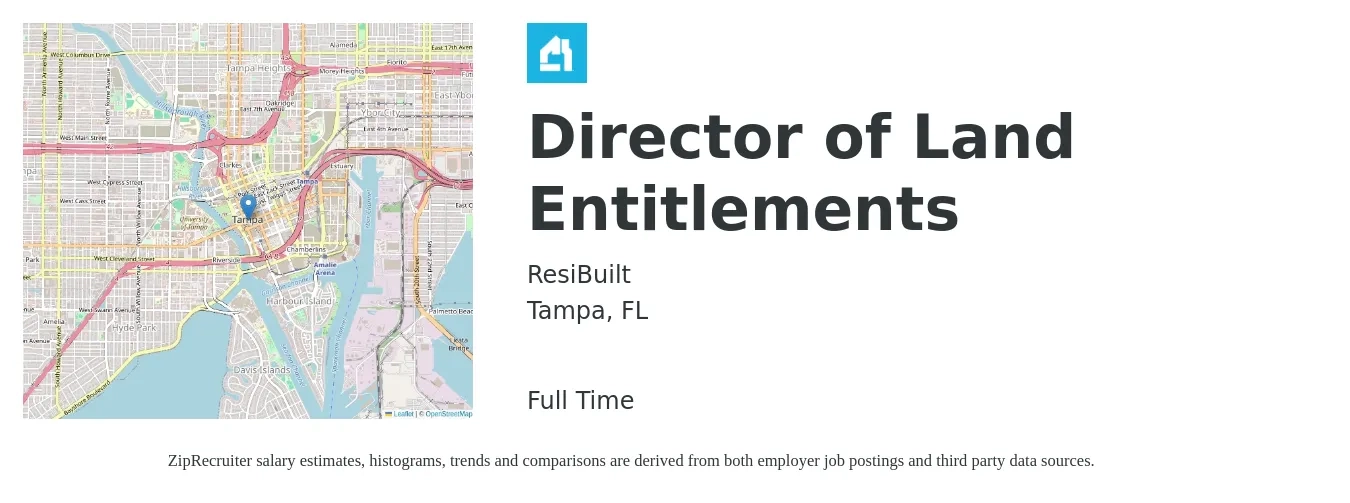 ResiBuilt job posting for a Director of Land Entitlements in Tampa, FL with a salary of $69,000 to $111,500 Yearly with a map of Tampa location.