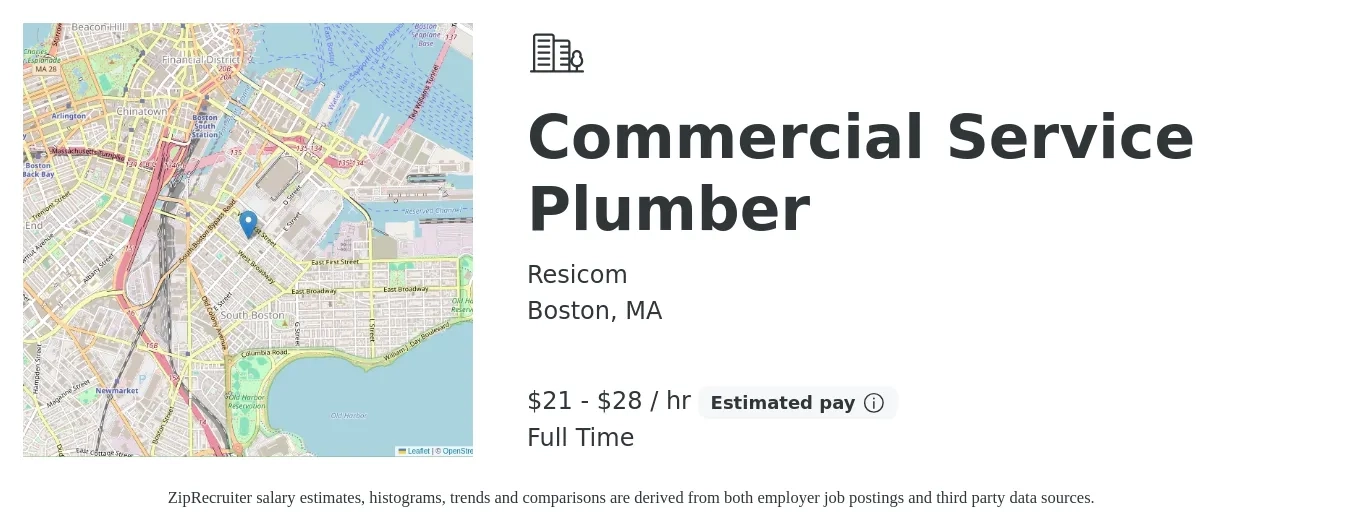 Resicom job posting for a Commercial Service Plumber in Boston, MA with a salary of $22 to $30 Hourly with a map of Boston location.