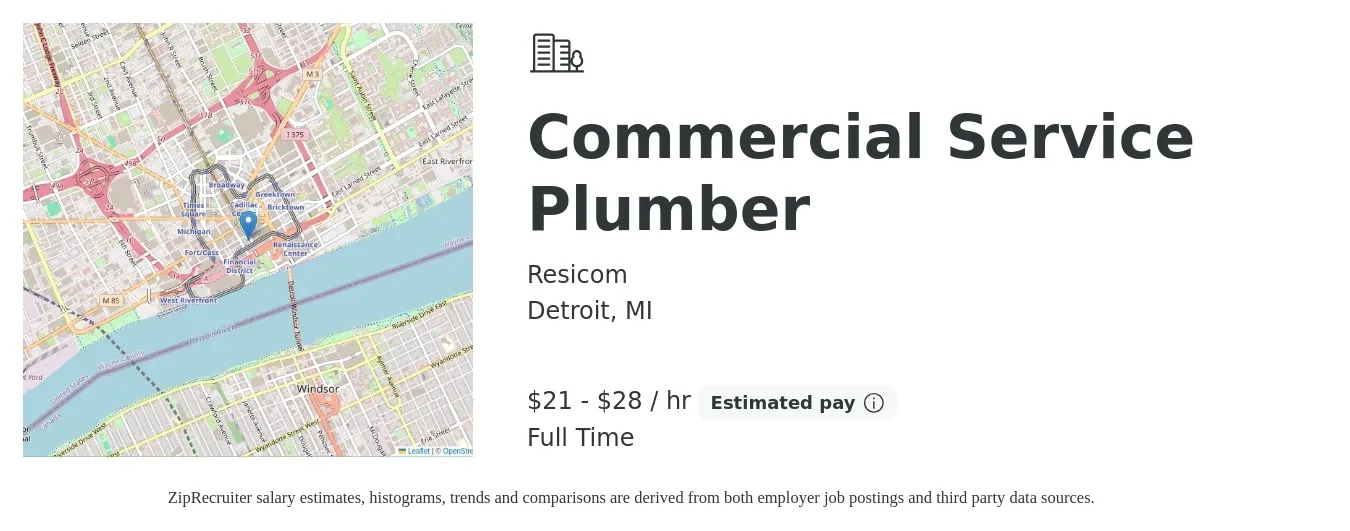 Resicom job posting for a Commercial Service Plumber in Detroit, MI with a salary of $22 to $30 Hourly with a map of Detroit location.