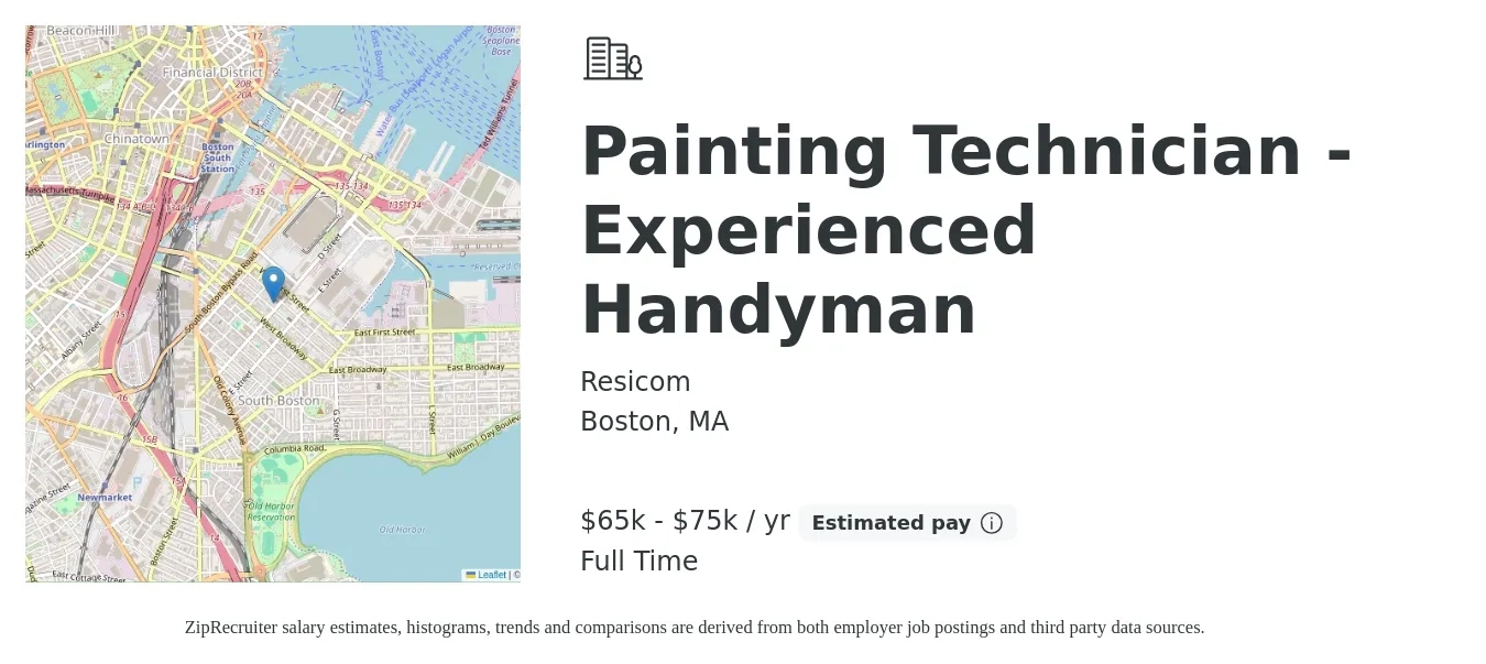 Resicom job posting for a Painting Technician - Experienced Handyman in Boston, MA with a salary of $65,000 to $75,000 Yearly with a map of Boston location.