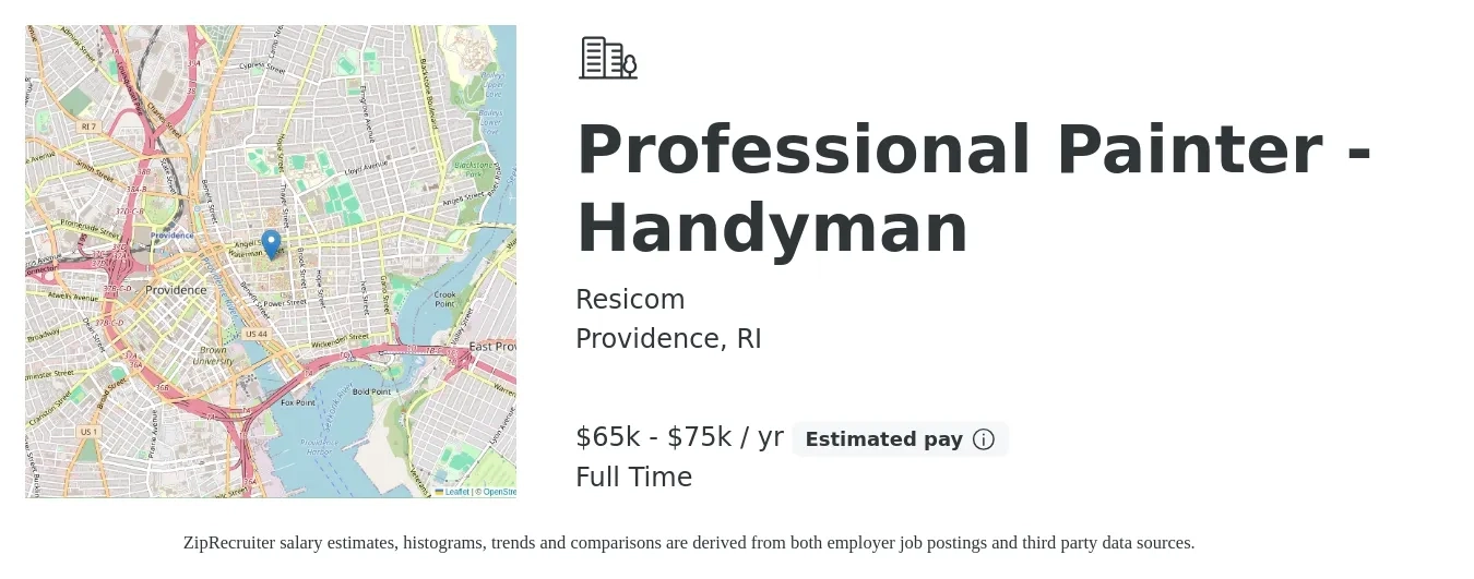 Resicom job posting for a Professional Painter - Handyman in Providence, RI with a salary of $65,000 to $75,000 Yearly with a map of Providence location.