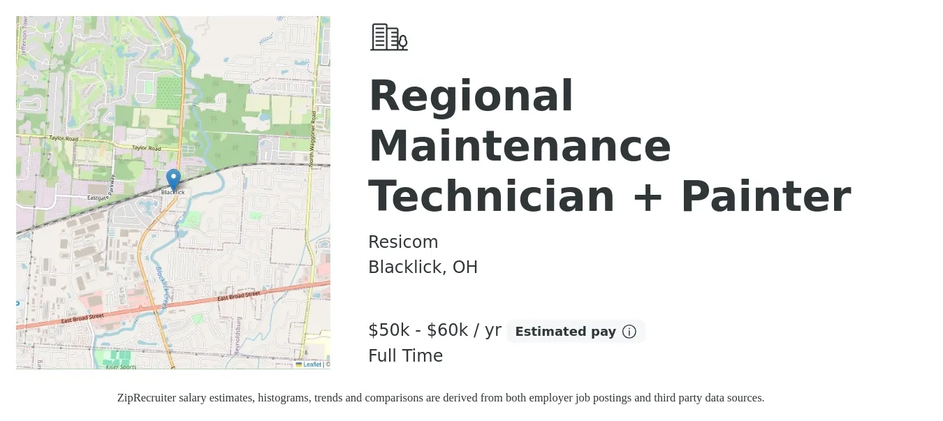 Resicom job posting for a Regional Maintenance Technician + Painter in Blacklick, OH with a salary of $50,000 to $60,000 Yearly with a map of Blacklick location.
