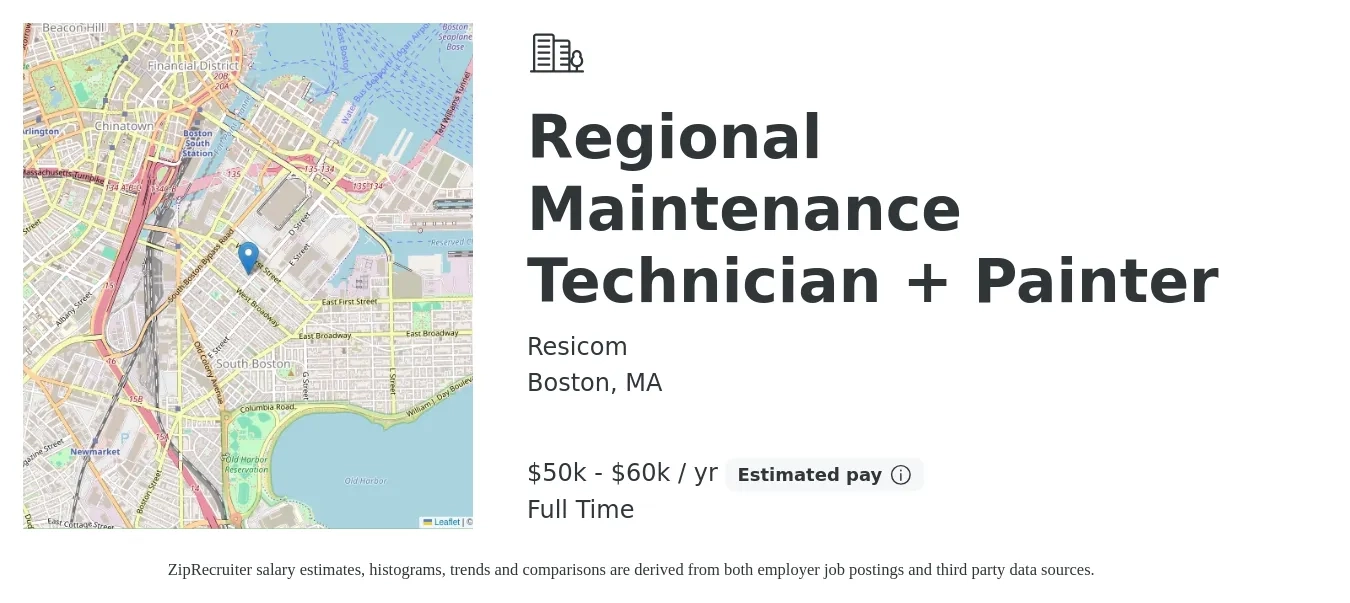Resicom job posting for a Regional Maintenance Technician + Painter in Boston, MA with a salary of $50,000 to $60,000 Yearly with a map of Boston location.