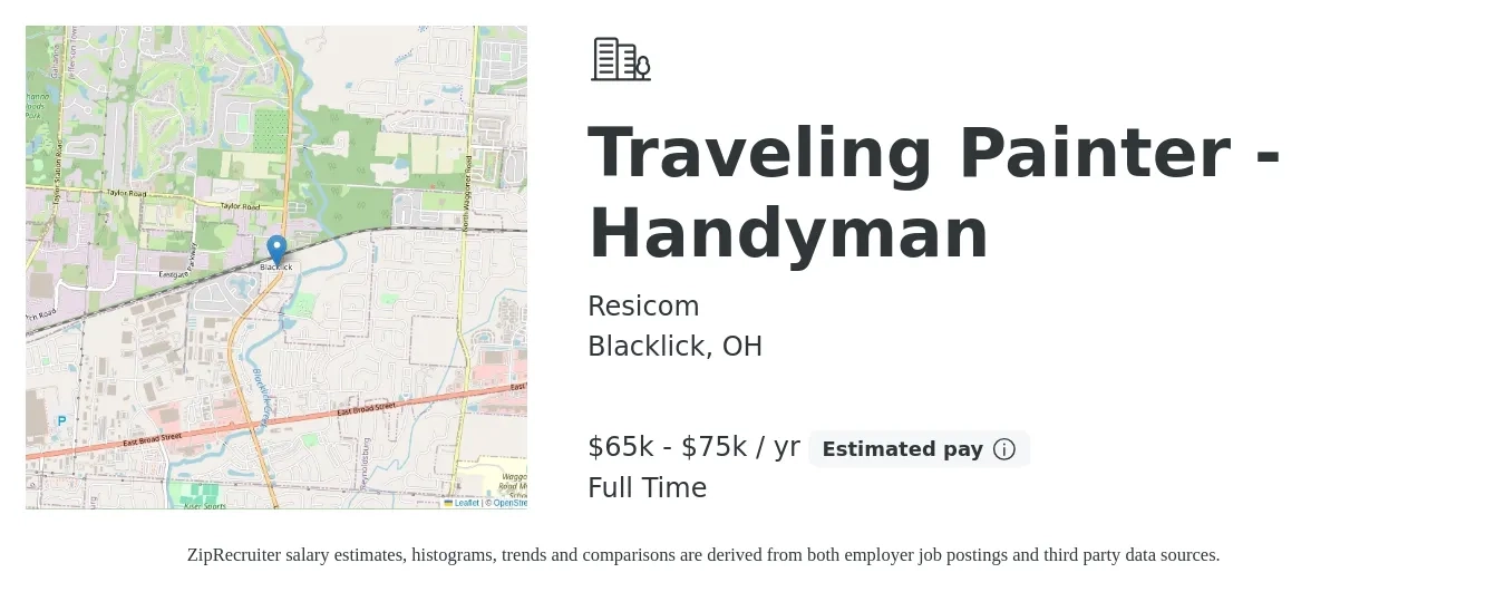 Resicom job posting for a Traveling Painter - Handyman in Blacklick, OH with a salary of $65,000 to $75,000 Yearly with a map of Blacklick location.