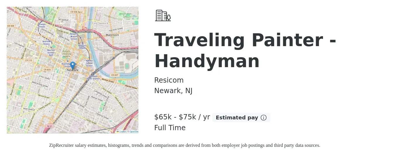 Resicom job posting for a Traveling Painter - Handyman in Newark, NJ with a salary of $65,000 to $75,000 Yearly with a map of Newark location.