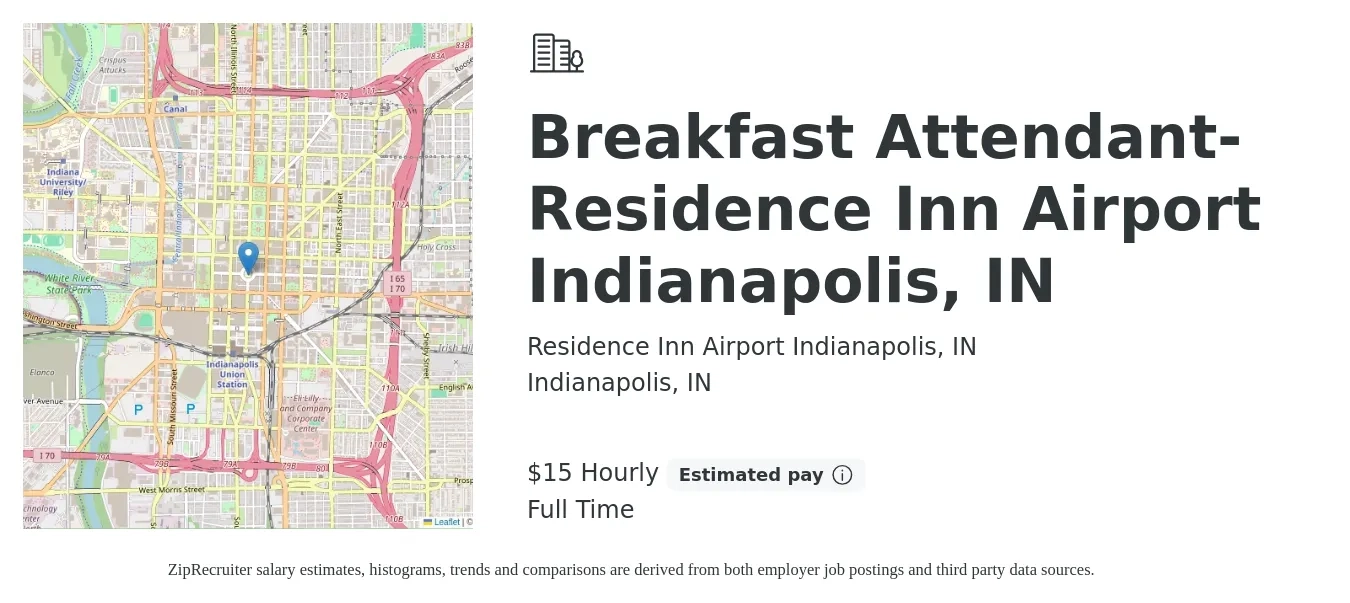 Residence Inn Airport Indianapolis, IN job posting for a Breakfast Attendant-Residence Inn Airport Indianapolis, IN in Indianapolis, IN with a salary of $16 Hourly with a map of Indianapolis location.