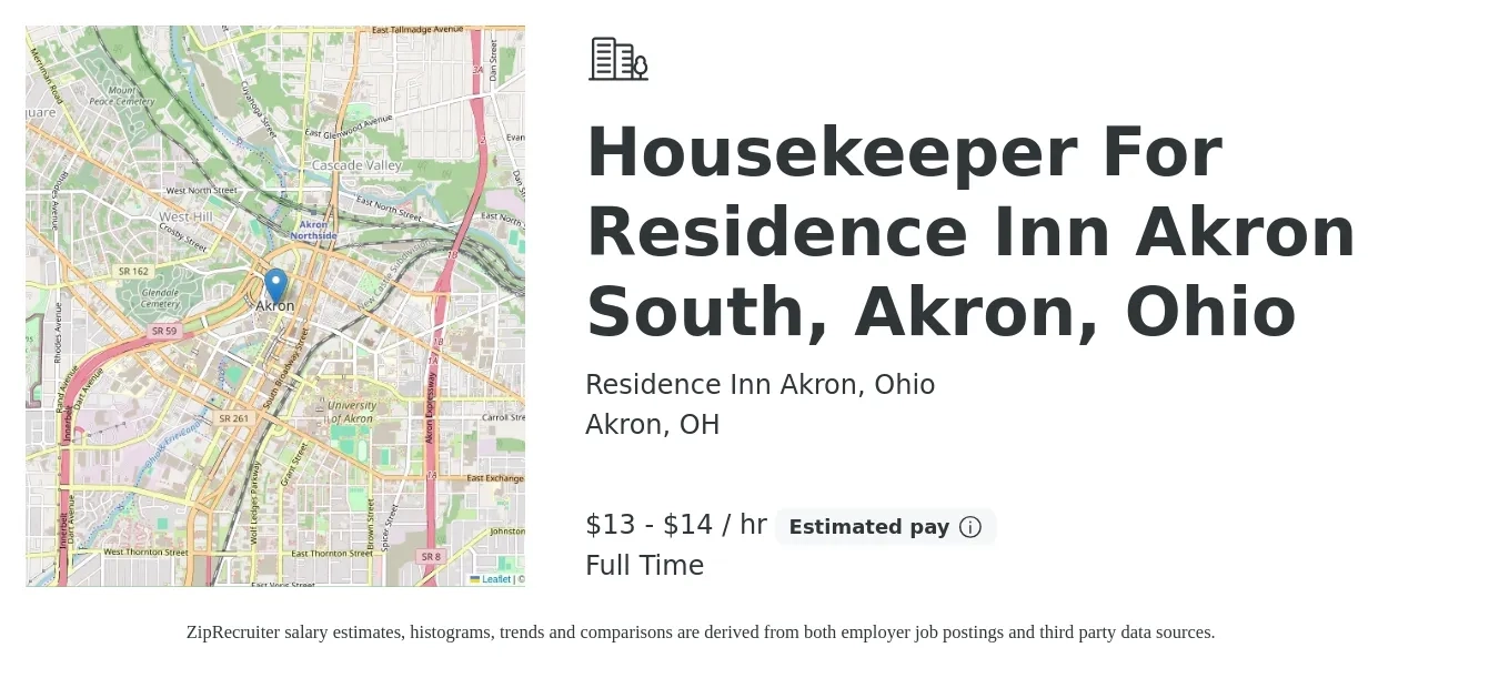 Residence Inn Akron, Ohio job posting for a Housekeeper For Residence Inn Akron South, Akron, Ohio in Akron, OH with a salary of $14 to $15 Hourly with a map of Akron location.