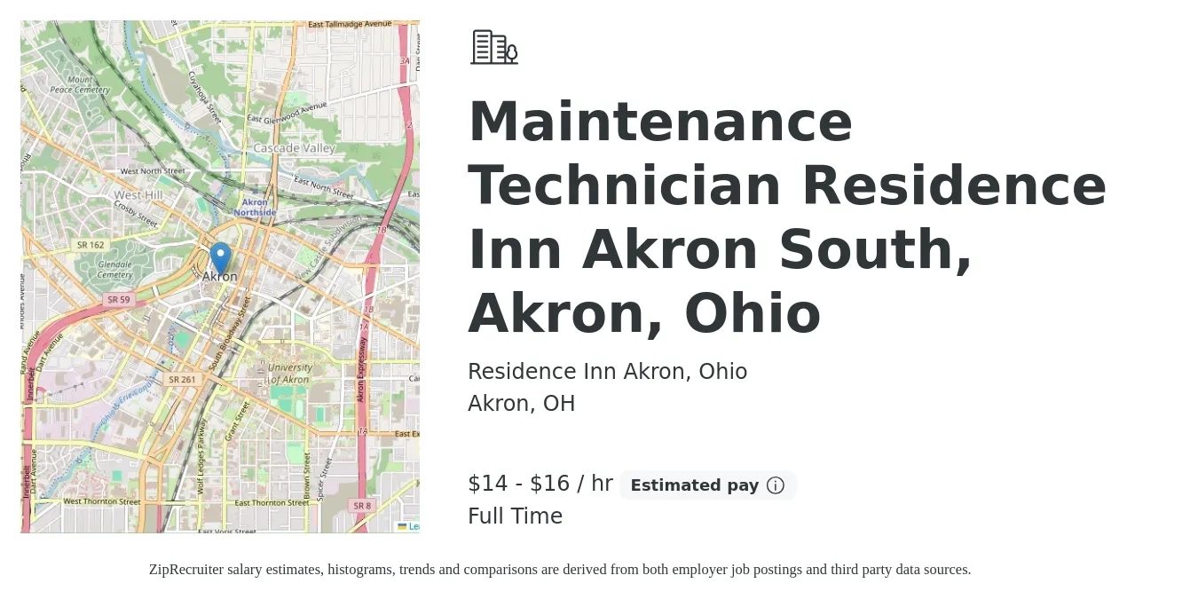 Residence Inn Akron, Ohio job posting for a Maintenance Technician Residence Inn Akron South, Akron, Ohio in Akron, OH with a salary of $15 to $17 Hourly with a map of Akron location.