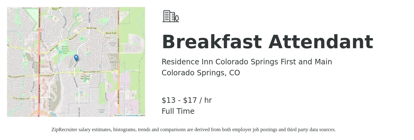 Residence Inn Colorado Springs First and Main job posting for a Breakfast Attendant in Colorado Springs, CO with a salary of $14 to $18 Hourly with a map of Colorado Springs location.