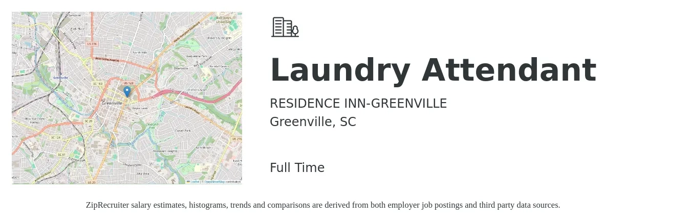 RESIDENCE INN-GREENVILLE job posting for a Laundry Attendant in Greenville, SC with a salary of $13 to $16 Hourly with a map of Greenville location.