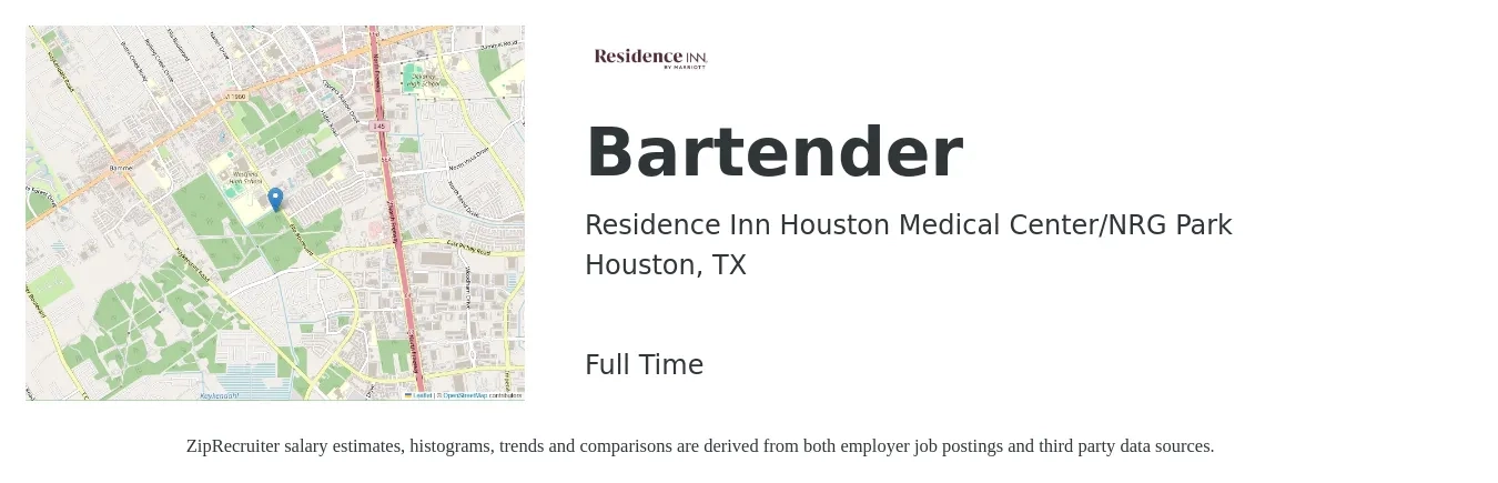 Residence Inn Houston Medical Center/NRG Park job posting for a Bartender in Houston, TX with a salary of $10 to $18 Hourly with a map of Houston location.