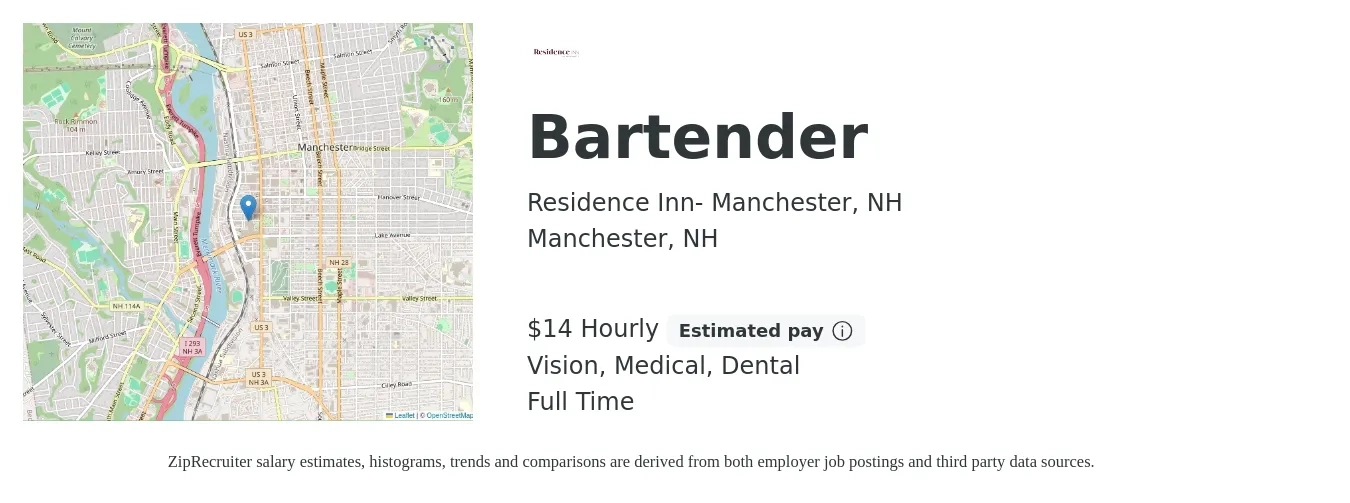 Residence Inn- Manchester, NH job posting for a Bartender in Manchester, NH with a salary of $15 Hourly and benefits including dental, life_insurance, medical, pto, retirement, and vision with a map of Manchester location.