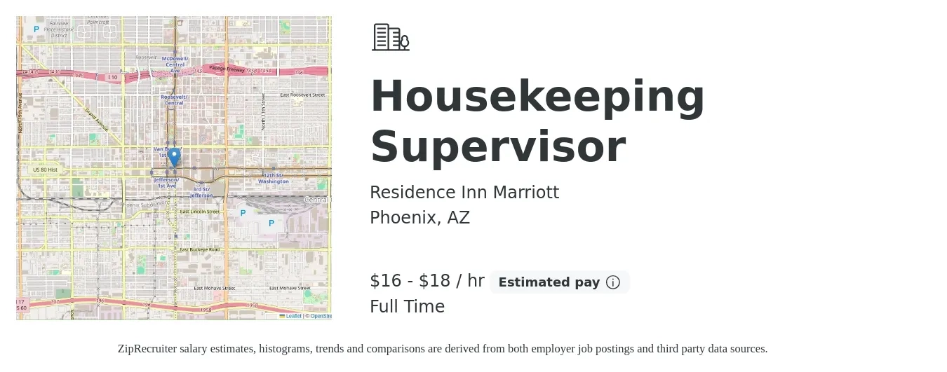 Residence Inn Marriott job posting for a Housekeeping Supervisor in Phoenix, AZ with a salary of $17 to $19 Hourly with a map of Phoenix location.