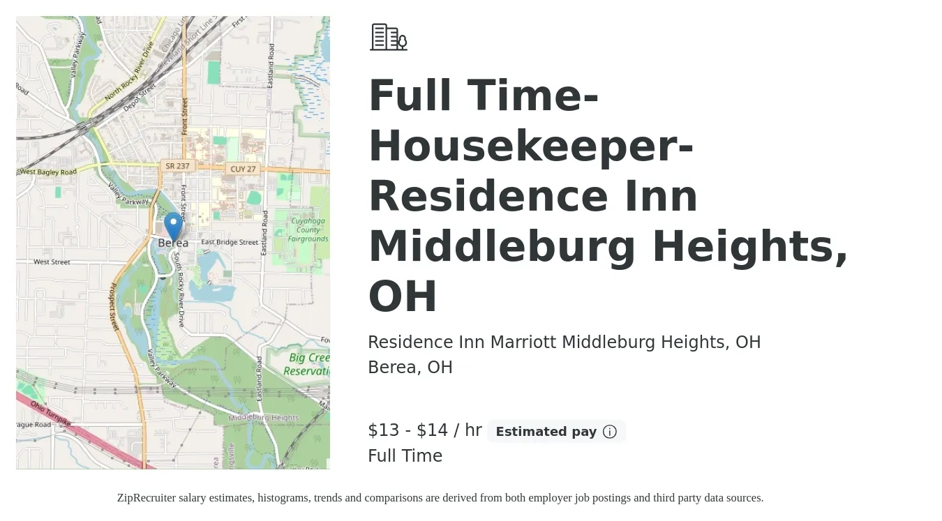 Residence Inn Marriott Middleburg Heights, OH job posting for a Full Time-Housekeeper-Residence Inn Middleburg Heights, OH in Berea, OH with a salary of $14 to $15 Hourly with a map of Berea location.