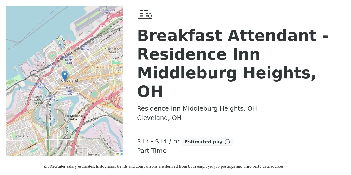 Residence Inn Middleburg Heights, OH job posting for a Breakfast Attendant - Residence Inn Middleburg Heights, OH in Cleveland, OH with a salary of $14 to $15 Hourly with a map of Cleveland location.