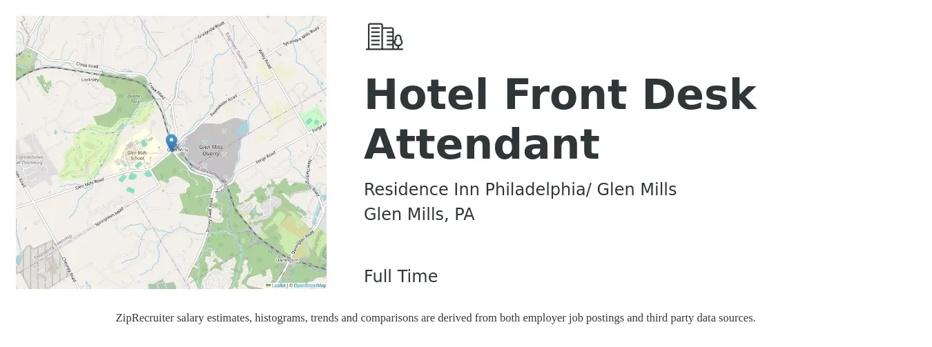 Residence Inn Philadelphia/ Glen Mills job posting for a Hotel Front Desk Attendant in Glen Mills, PA with a salary of $13 to $16 Hourly with a map of Glen Mills location.