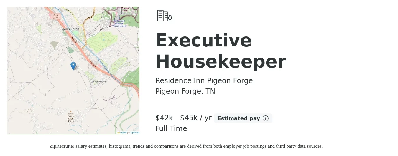 Residence Inn Pigeon Forge job posting for a Executive Housekeeper in Pigeon Forge, TN with a salary of $42,000 to $45,000 Yearly with a map of Pigeon Forge location.