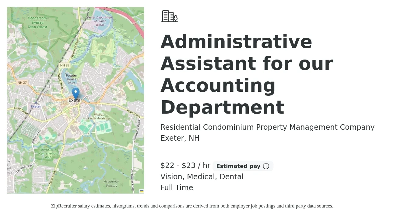Residential Condominium Property Management Company job posting for a Administrative Assistant for our Accounting Department in Exeter, NH with a salary of $23 to $24 Hourly and benefits including dental, life_insurance, medical, retirement, and vision with a map of Exeter location.