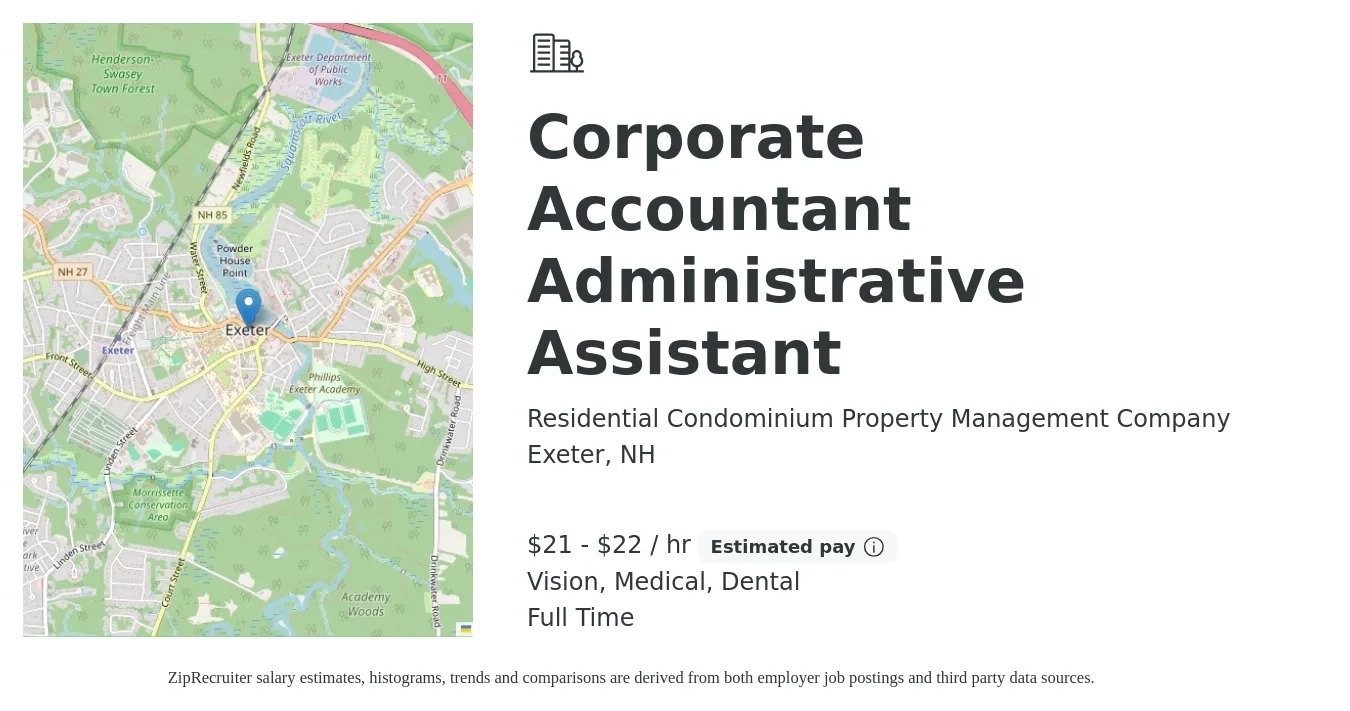 Residential Condominium Property Management Company job posting for a Corporate Accountant Administrative Assistant in Exeter, NH with a salary of $22 to $24 Hourly and benefits including dental, life_insurance, medical, retirement, and vision with a map of Exeter location.