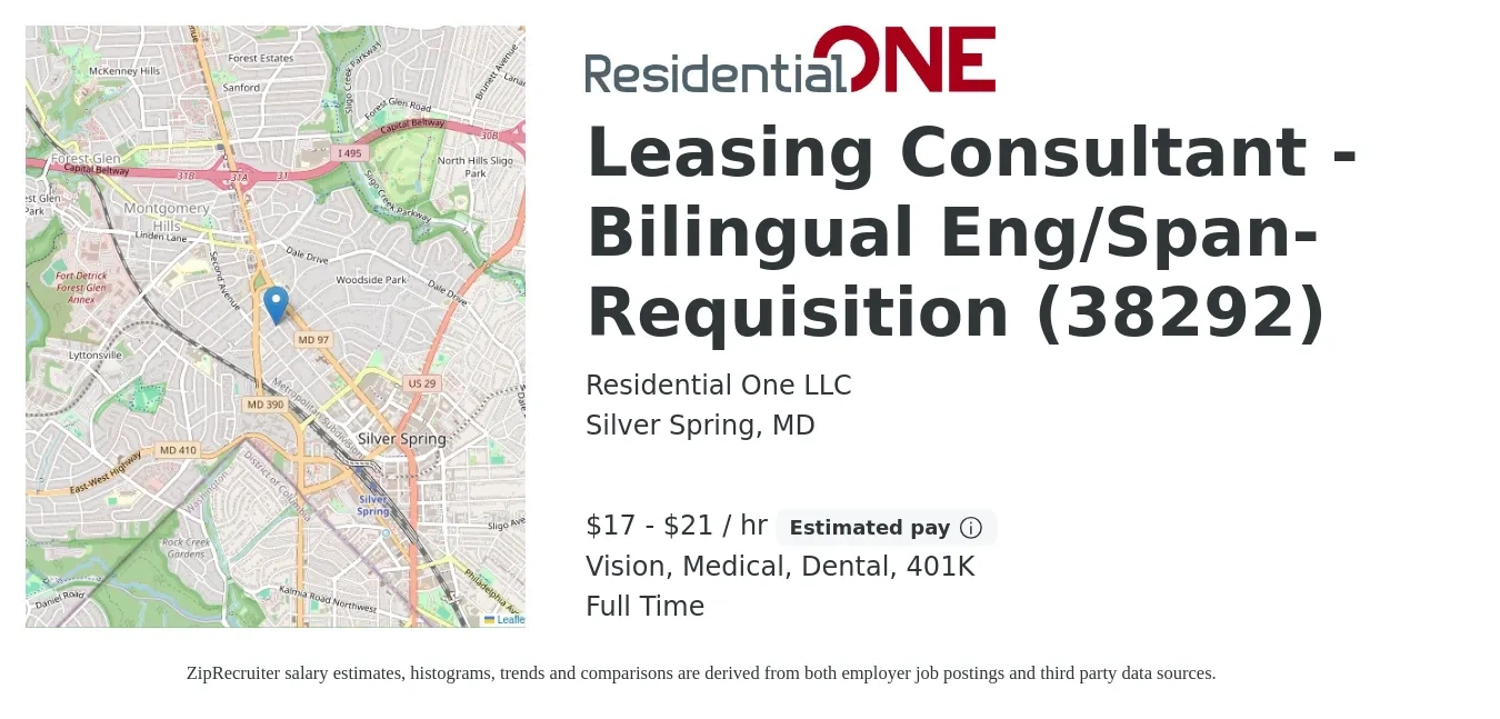 Residential One LLC job posting for a Leasing Consultant - Bilingual Eng/Span- Requisition (38292) in Silver Spring, MD with a salary of $18 to $22 Hourly and benefits including 401k, dental, life_insurance, medical, and vision with a map of Silver Spring location.