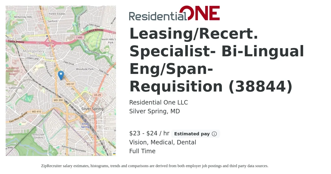Residential One LLC job posting for a Leasing/Recert. Specialist- Bi-Lingual Eng/Span- Requisition (38844) in Silver Spring, MD with a salary of $24 to $25 Hourly and benefits including retirement, vision, dental, life_insurance, and medical with a map of Silver Spring location.