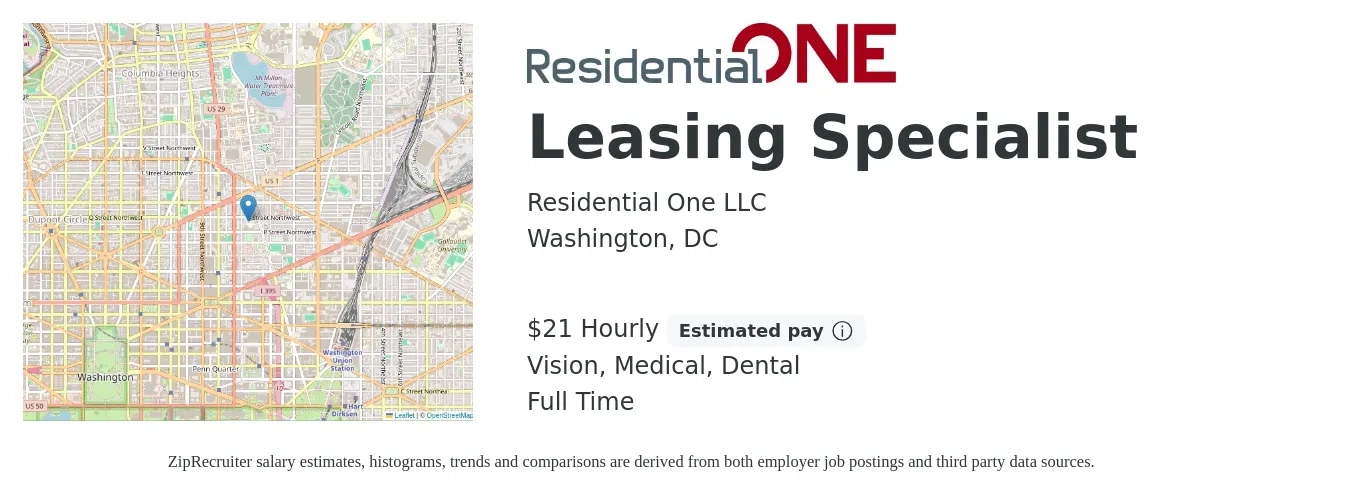 Residential One LLC job posting for a Leasing Specialist in Washington, DC with a salary of $22 Hourly and benefits including pto, retirement, vision, dental, life_insurance, and medical with a map of Washington location.