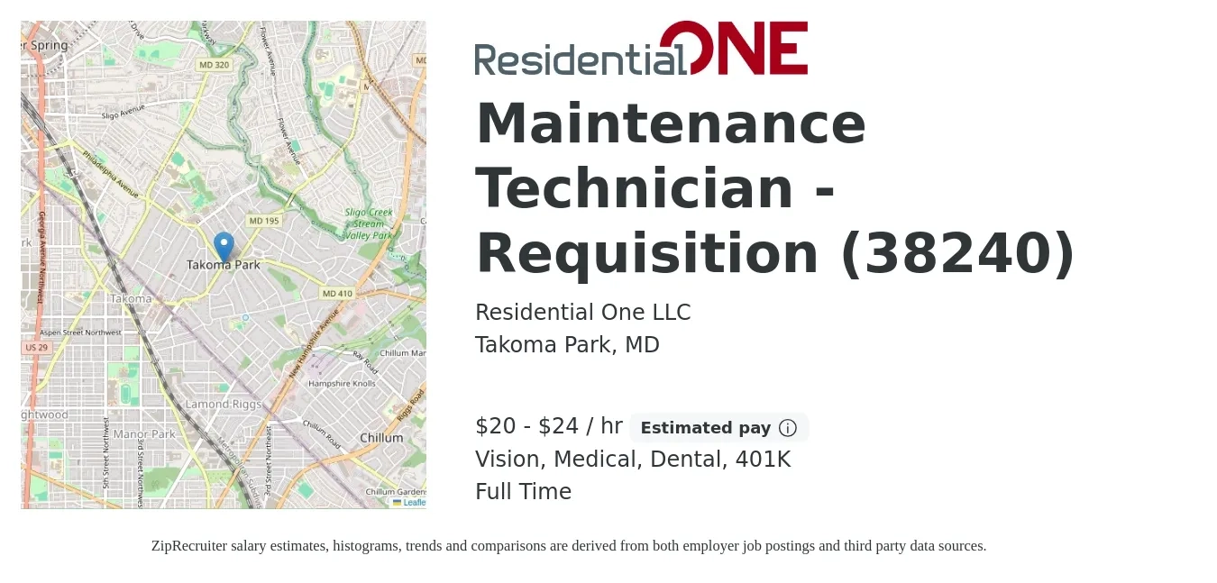 Residential One LLC job posting for a Maintenance Technician - Requisition (38240) in Takoma Park, MD with a salary of $21 to $25 Hourly and benefits including 401k, dental, life_insurance, medical, and vision with a map of Takoma Park location.